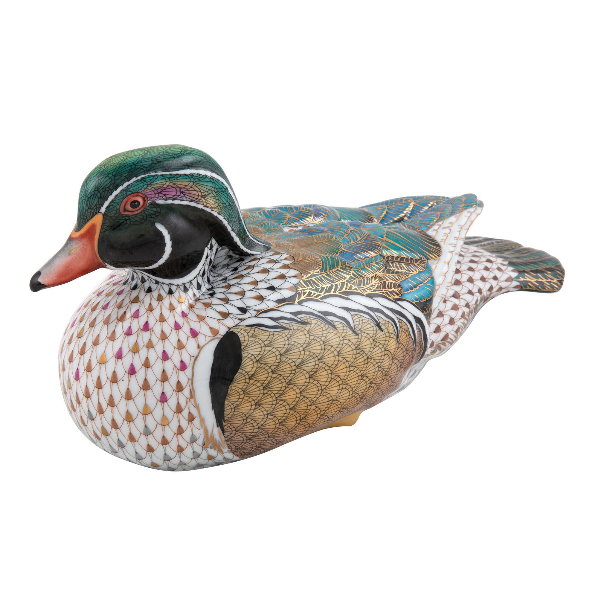 Hand-painted Herend Wood Duck Figurine in fine porcelain, 9in L X 4in W X 4.5in H, on a white background