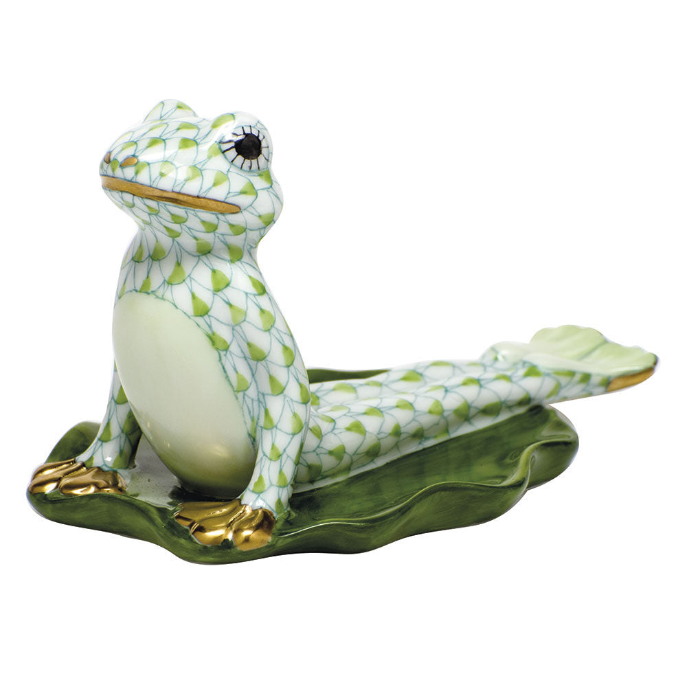 Hand-painted Herend Yoga Frog in Cobra Pose Figurine in Key Lime fishnet porcelain on a white background