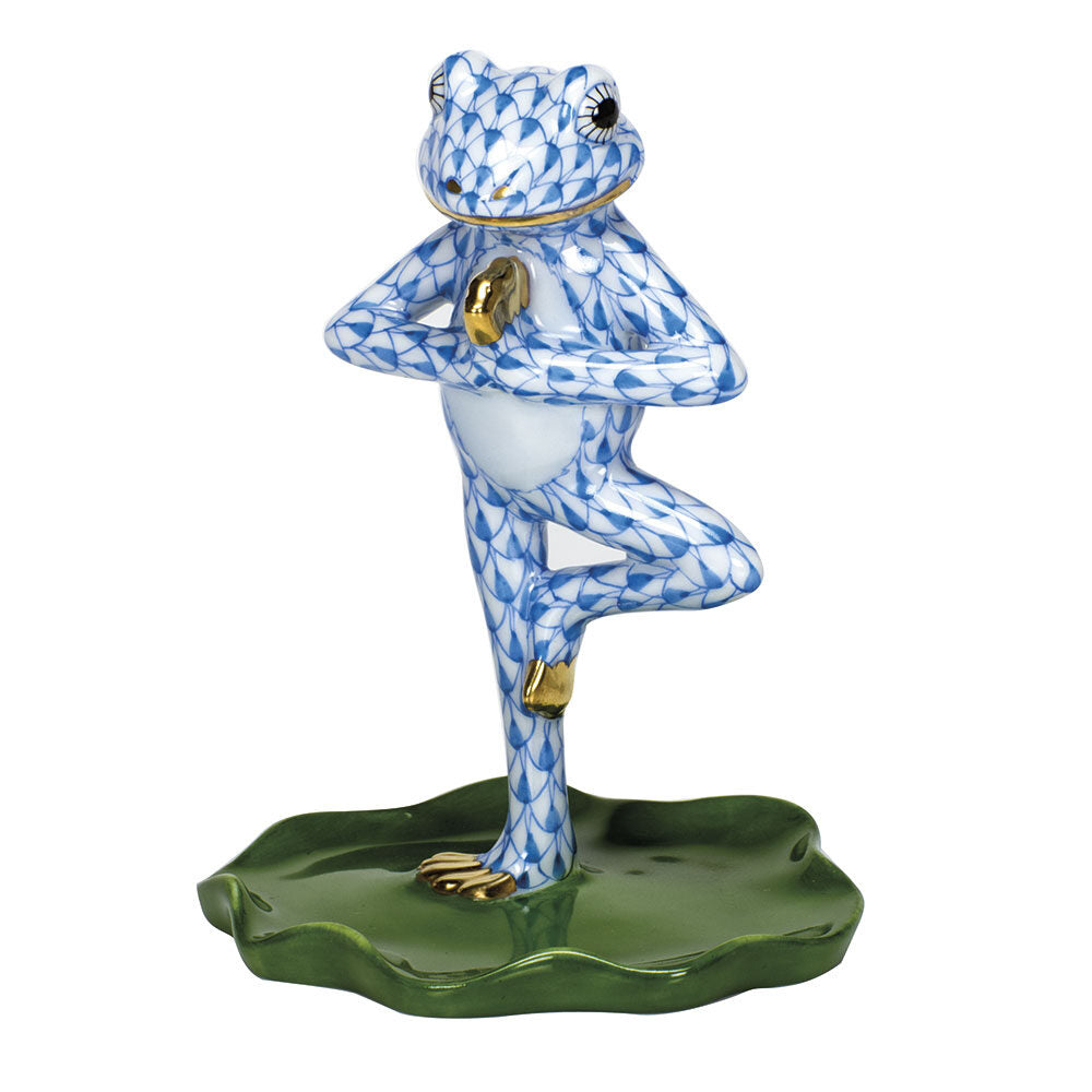 Herend Yoga Frog in Tree Pose Figurine porcelain figurine painted in the Blue fishnet pattern
