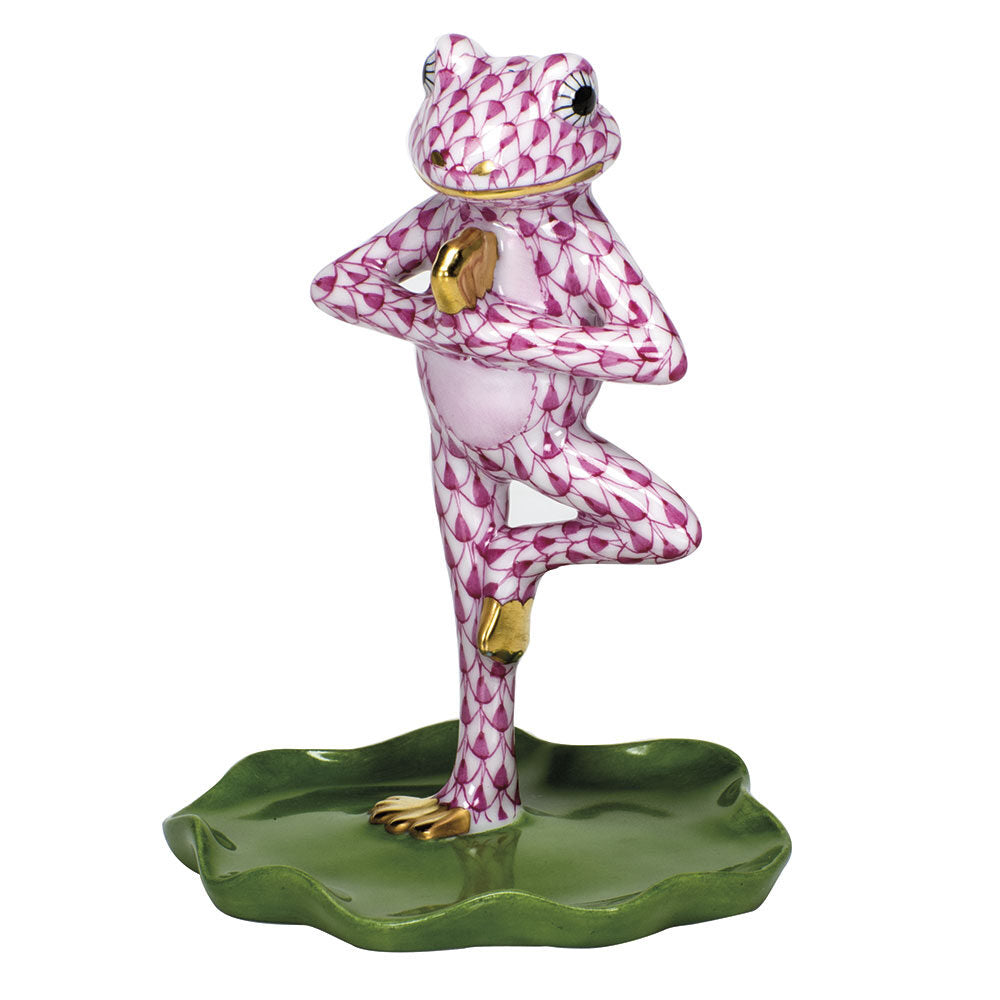 Herend Yoga Frog in Tree Pose Figurine porcelain figurine painted in the Raspberry fishnet pattern