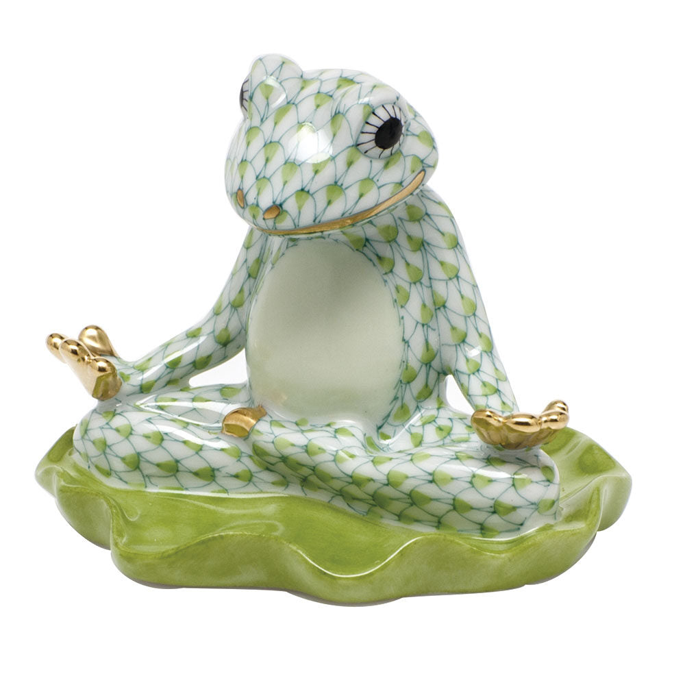 Key Lime fishnet Yoga Frog Figurine figurine, hand-painted Herend porcelain with 24k gold accents