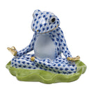 Hand-painted Herend Yoga Frog Figurine in Sapphire fishnet porcelain on a white background
