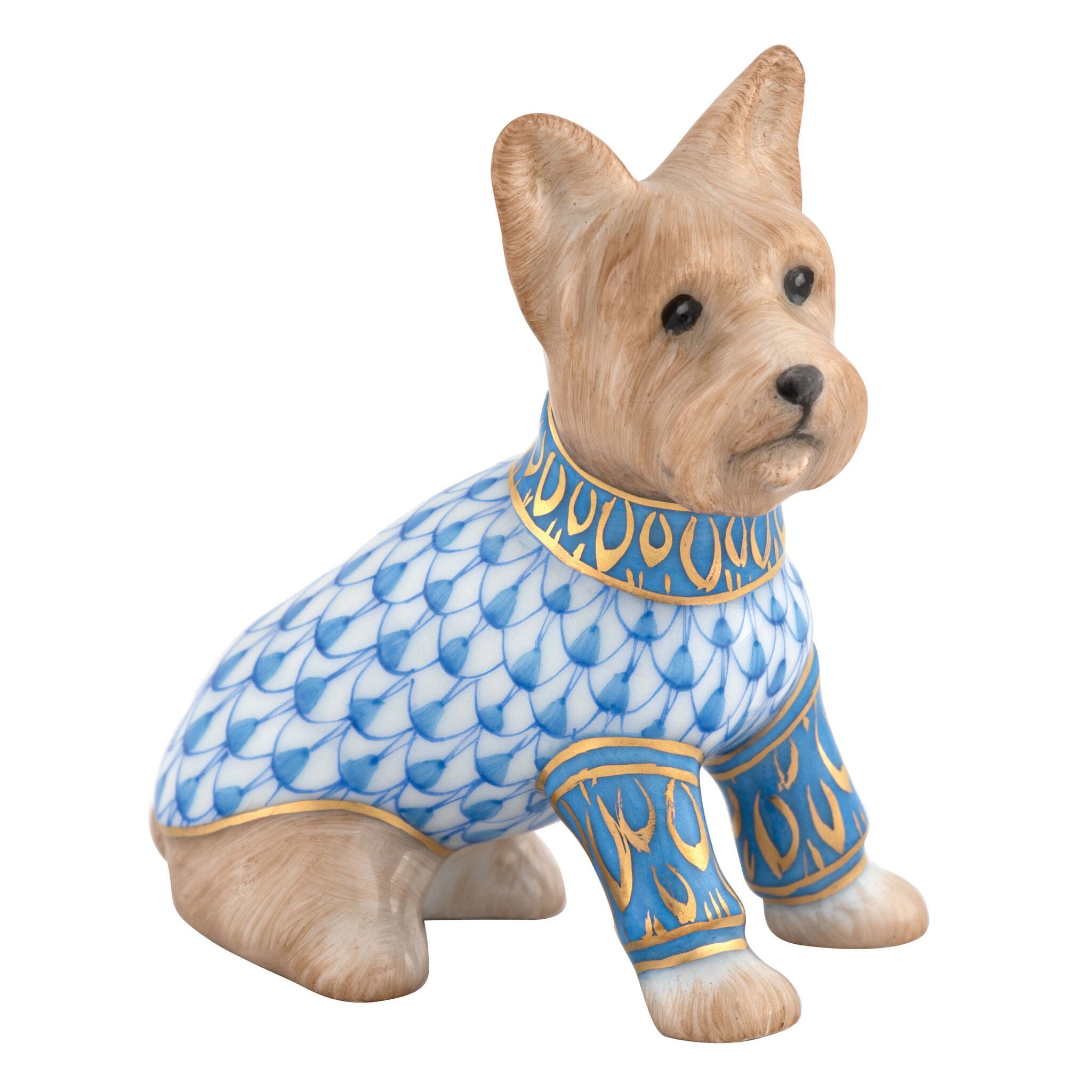 Herend Yorkshire Terrier Figurine porcelain figurine painted in the Blue fishnet pattern