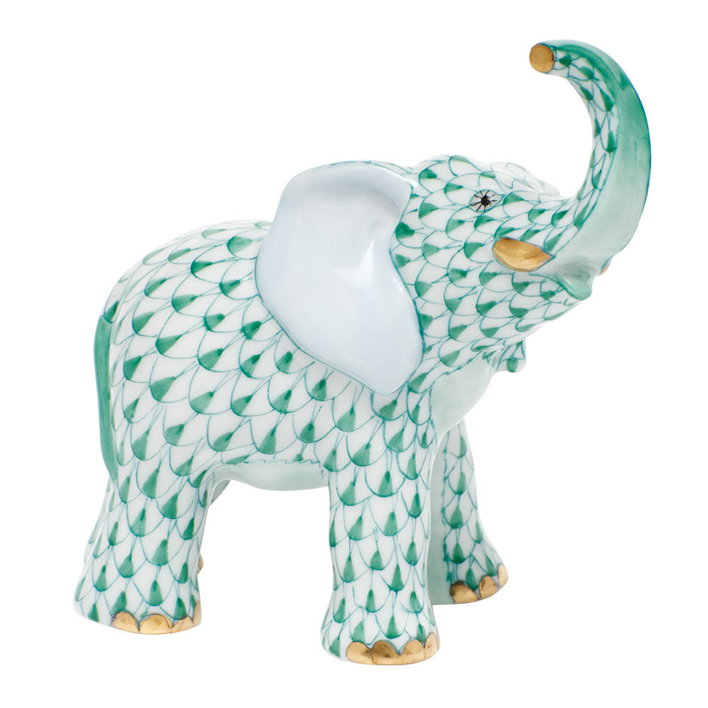 Herend Young Elephant Figurine porcelain figurine painted in the Green fishnet pattern