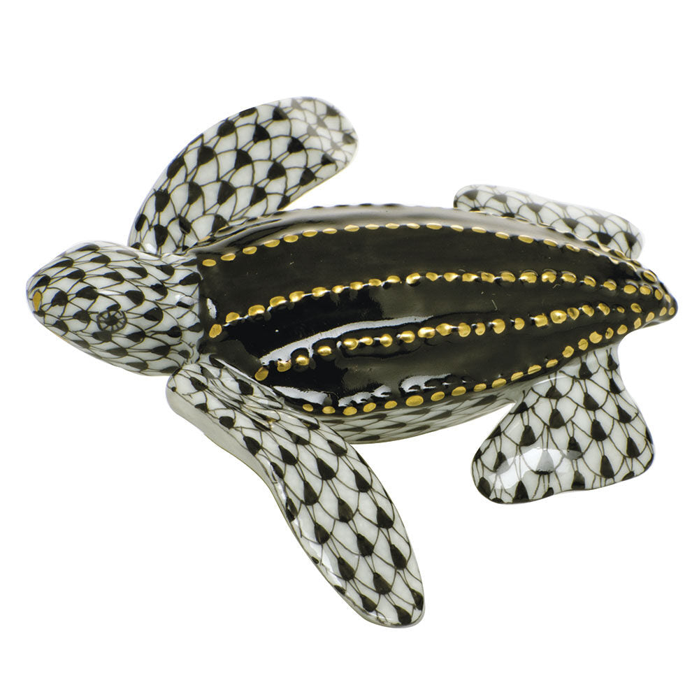 Hand-painted Herend Young Leatherback Turtle Figurine in Black fishnet porcelain on a white background