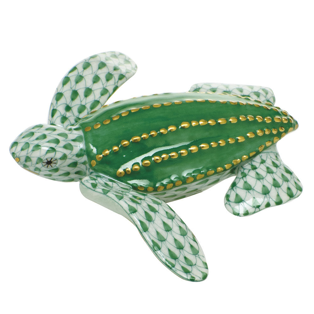 Green fishnet Young Leatherback Turtle Figurine figurine, hand-painted Herend porcelain with 24k gold accents