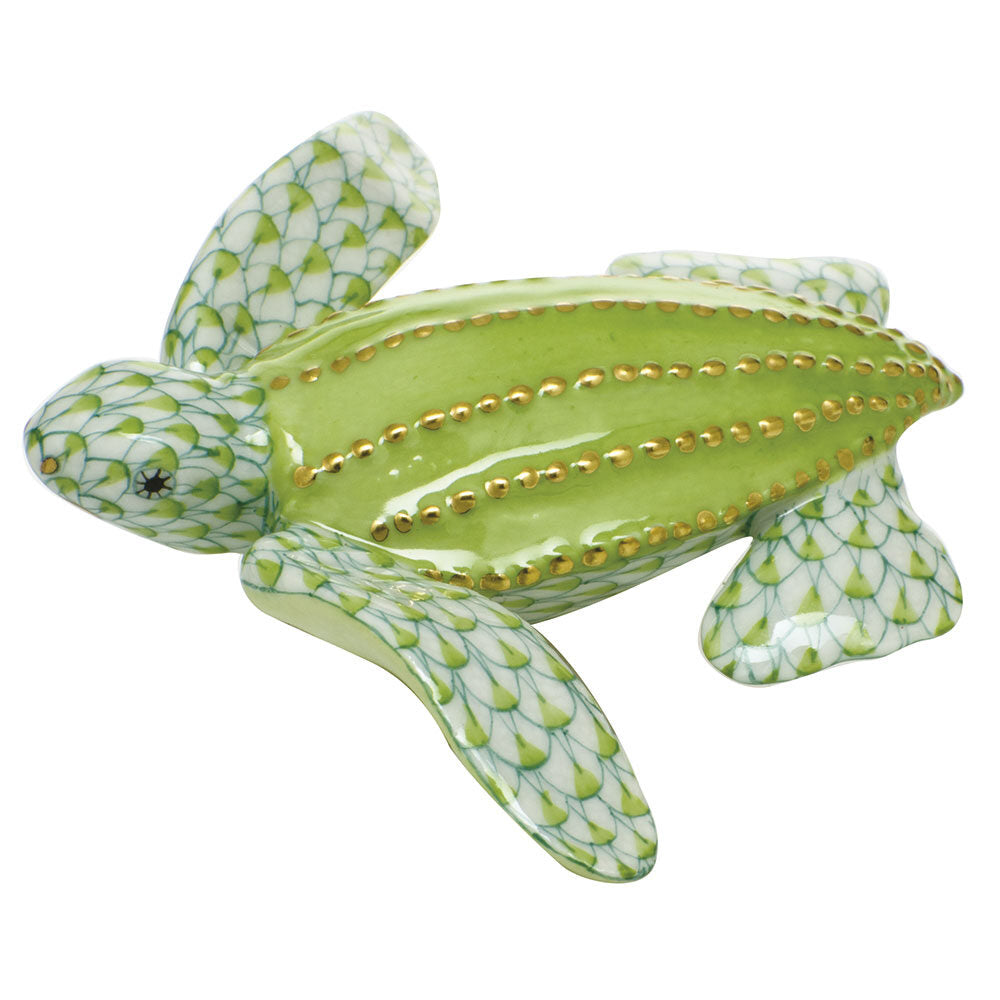 Hand-painted Herend Young Leatherback Turtle Figurine in Key Lime fishnet porcelain on a white background