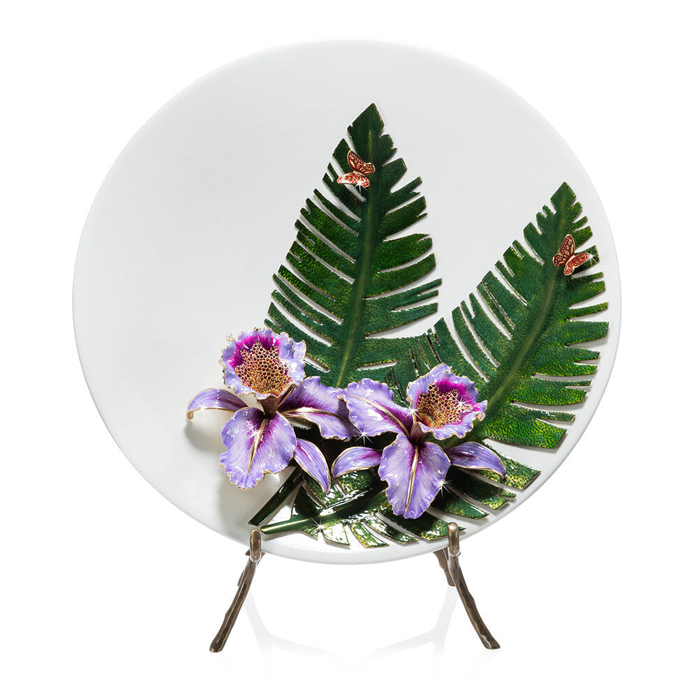 Jay Strongwater Catalina Orchid and Banana Leaf Platter with Stand