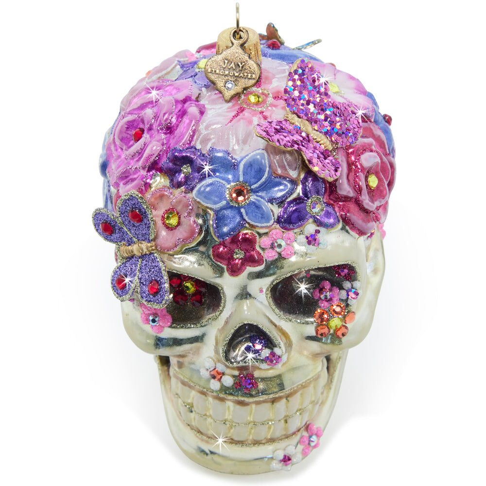 Jay Strongwater Floral Skull Glass Ornament, alternate view