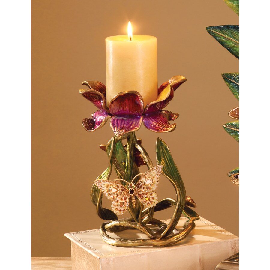 Jay Strongwater Meredith Floral 9" Pillar Candle Holder Brocade Candleholder, alternate view