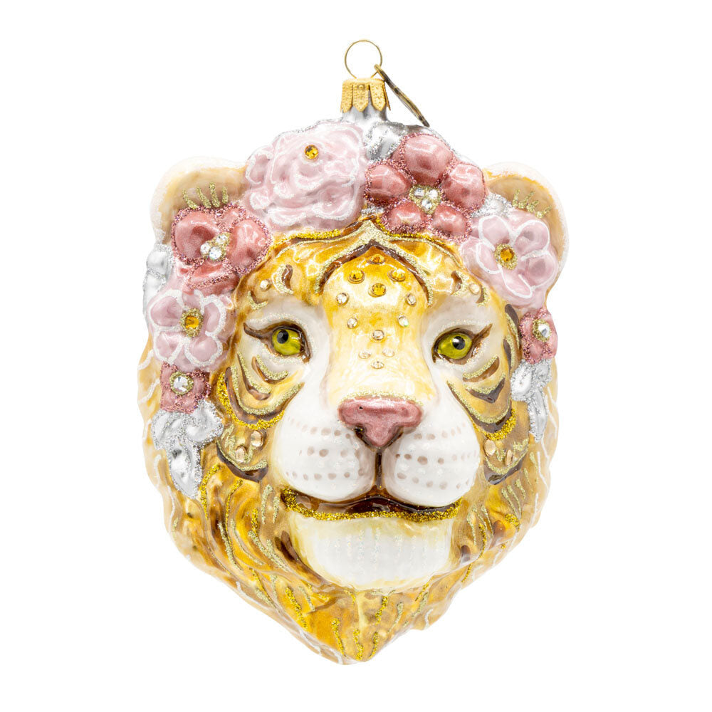 Jay Strongwater Metallic Tiger with Flower Crown Ornament