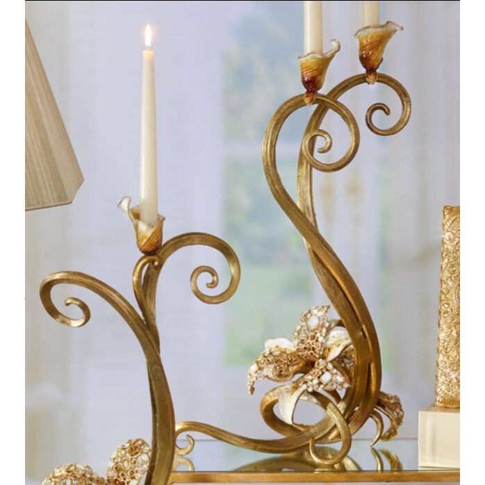 Jay Strongwater Mirabelle Orchid Single Candlestick Golden Candlestick Holder, alternate view
