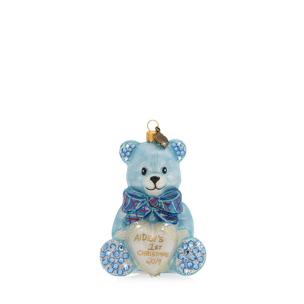 Jay Strongwater Personalized Baby's First Christmas Teddy Glass Ornament - Blue