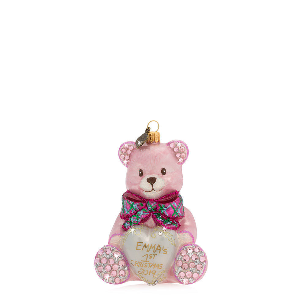 Jay Strongwater Personalized Baby's First Christmas Teddy Glass Ornament - Pink