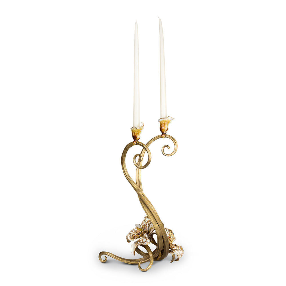 Jay Strongwater Roselyn Orchid Double Candlestick Golden Candlestick Holder