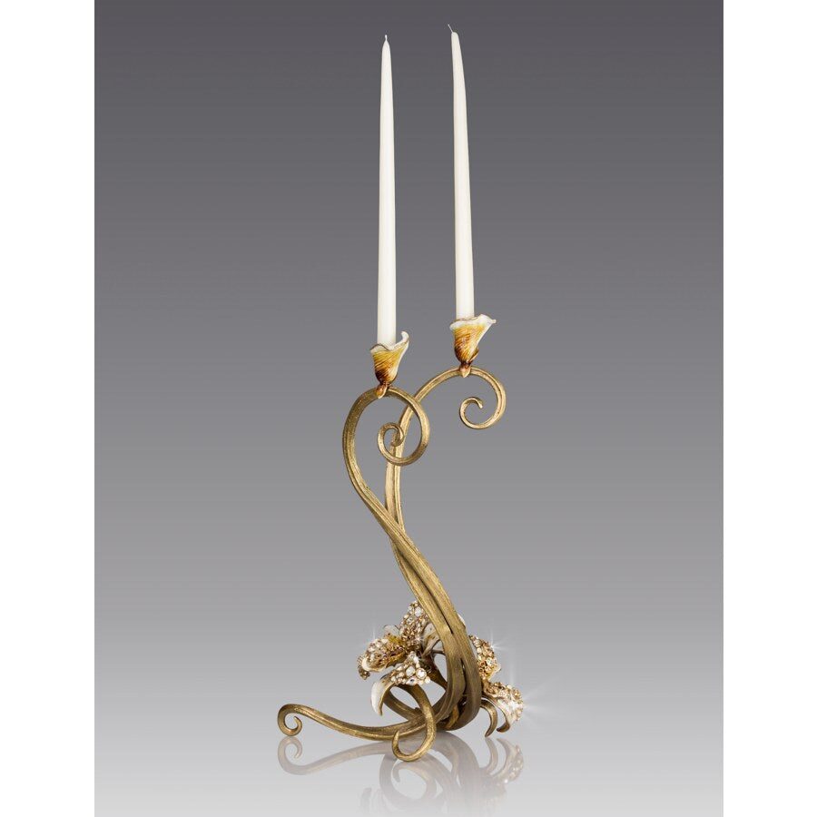 Jay Strongwater Roselyn Orchid Double Candlestick Golden Candlestick Holder, alternate view