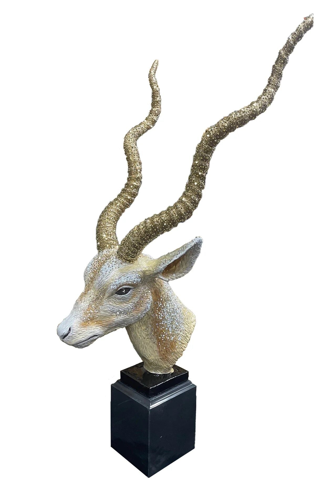 Jay Strongwater White and Gold Antelope Objet - Black Marble Base Figurine