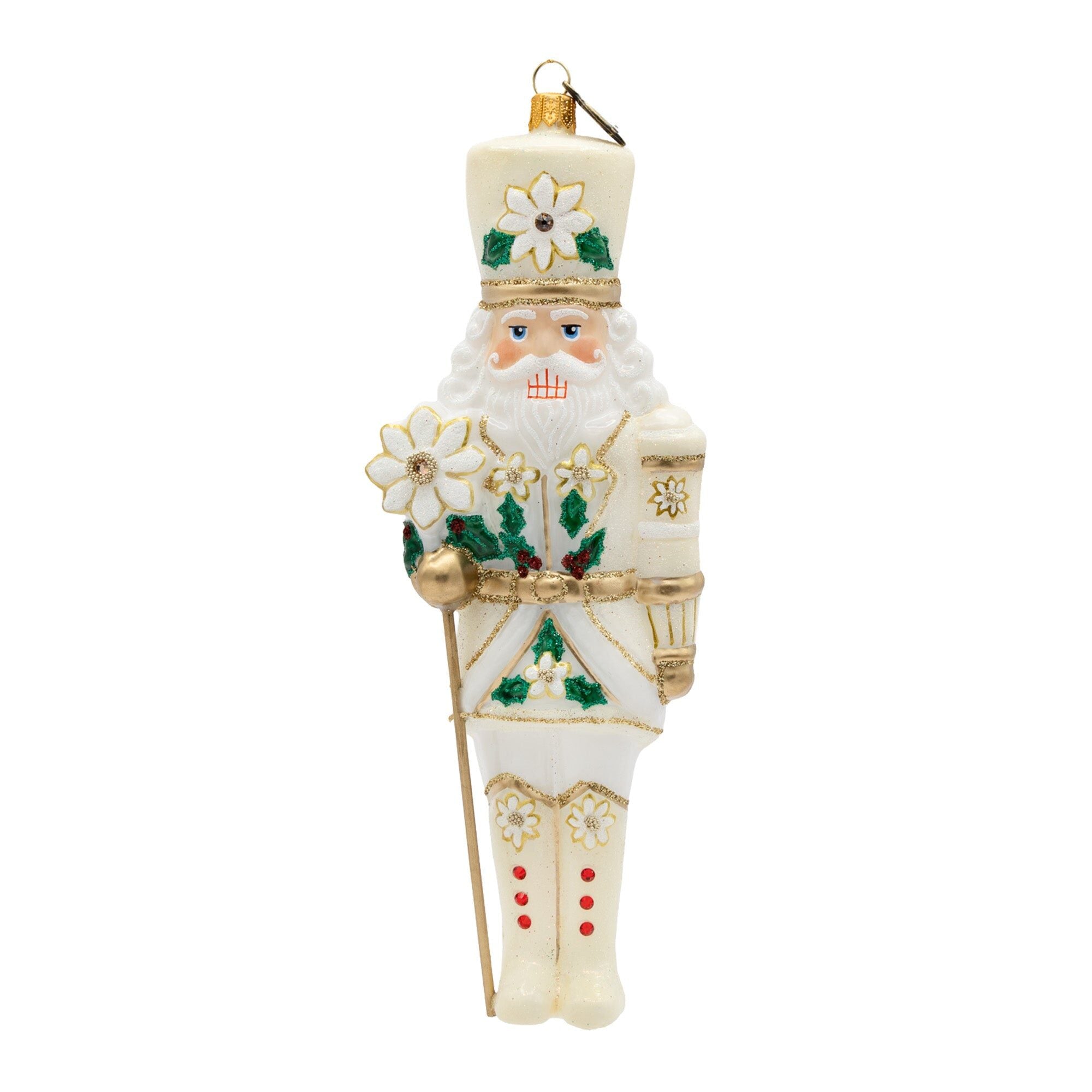 Jay Strongwater White and Gold Poinsettia Nutcracker Ornament