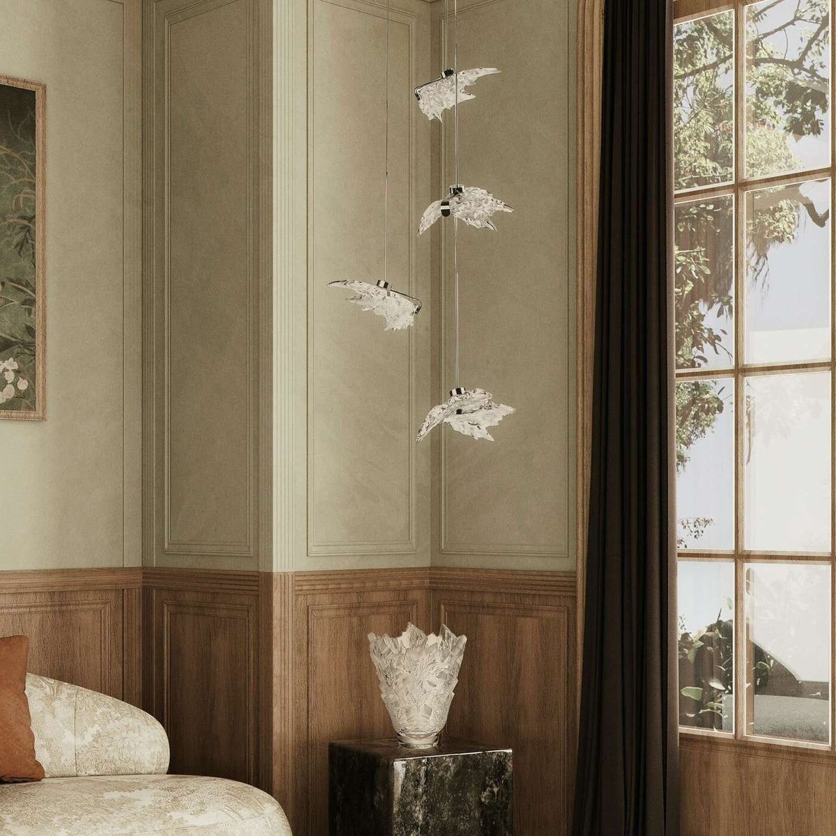 Lalique Champs-Élysées Liana, Medium Size, 5 Leaves Close To Ceiling Light Fixture, alternate view