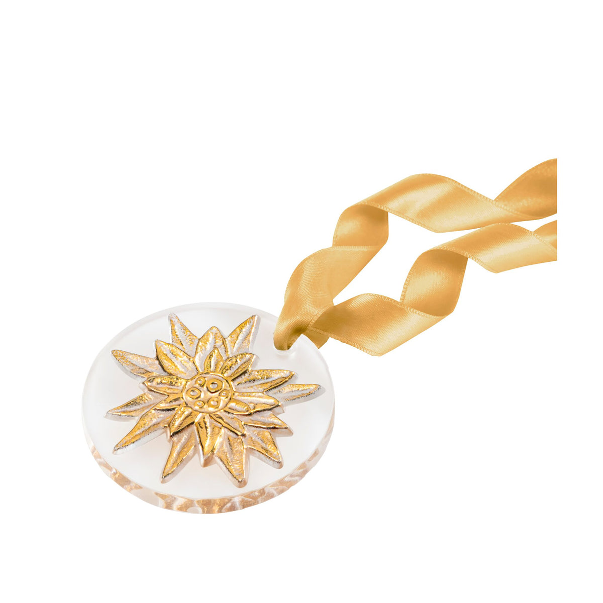 Lalique Edelweiss Christmas Ornament in Clear & Gold on a white background