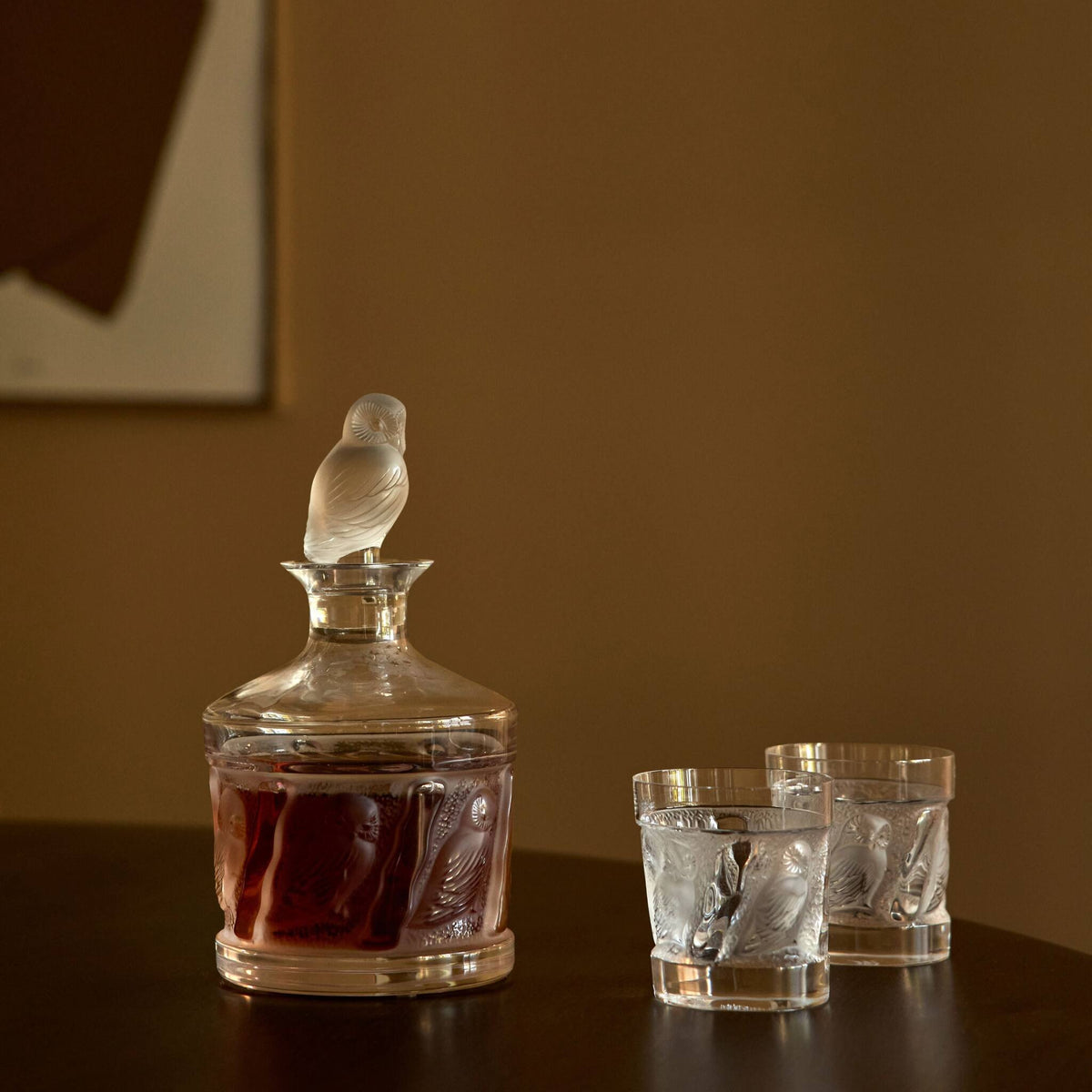 Lalique Owl Whisky Tumbler Liquor Decanter, lifestyle view