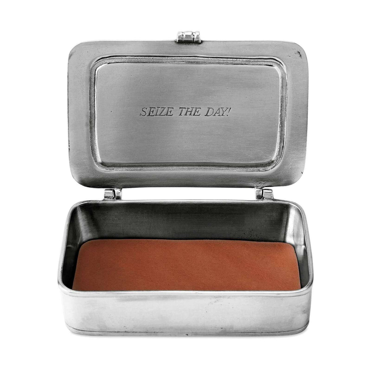 Match Pewter “Carpe Diem” Box — Small, Brown Leather Insert