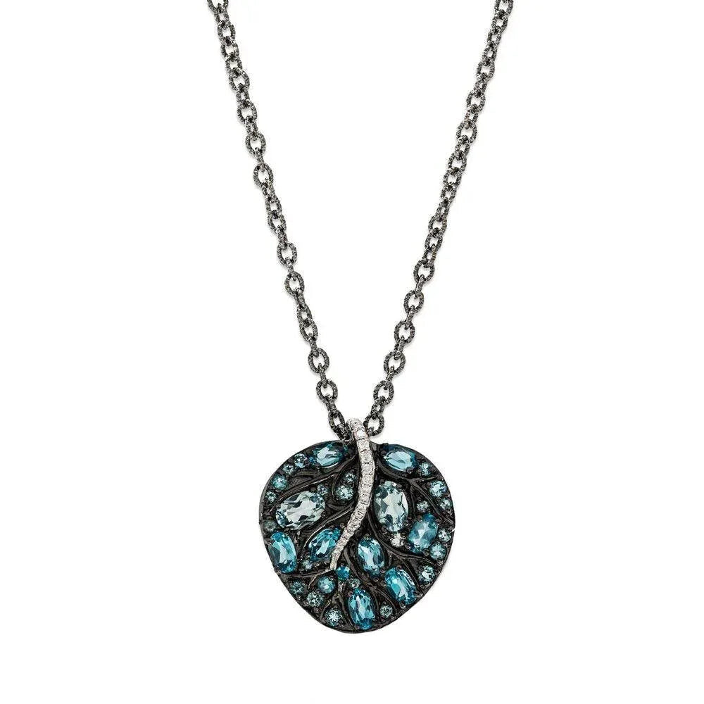 Michael Aram Botanical Leaf Small Pendant W/ Blue Topaz & Diamonds in Black Rhodium Sterling Silver Women's Fine Pendant Necklace