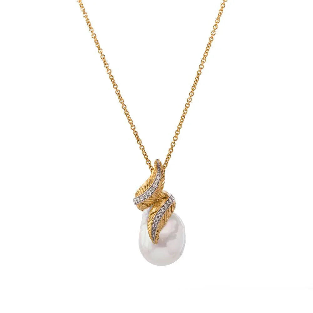 Michael Aram Feather Wrap Necklace with Pearl & Diamonds in 18K Yellow Gold