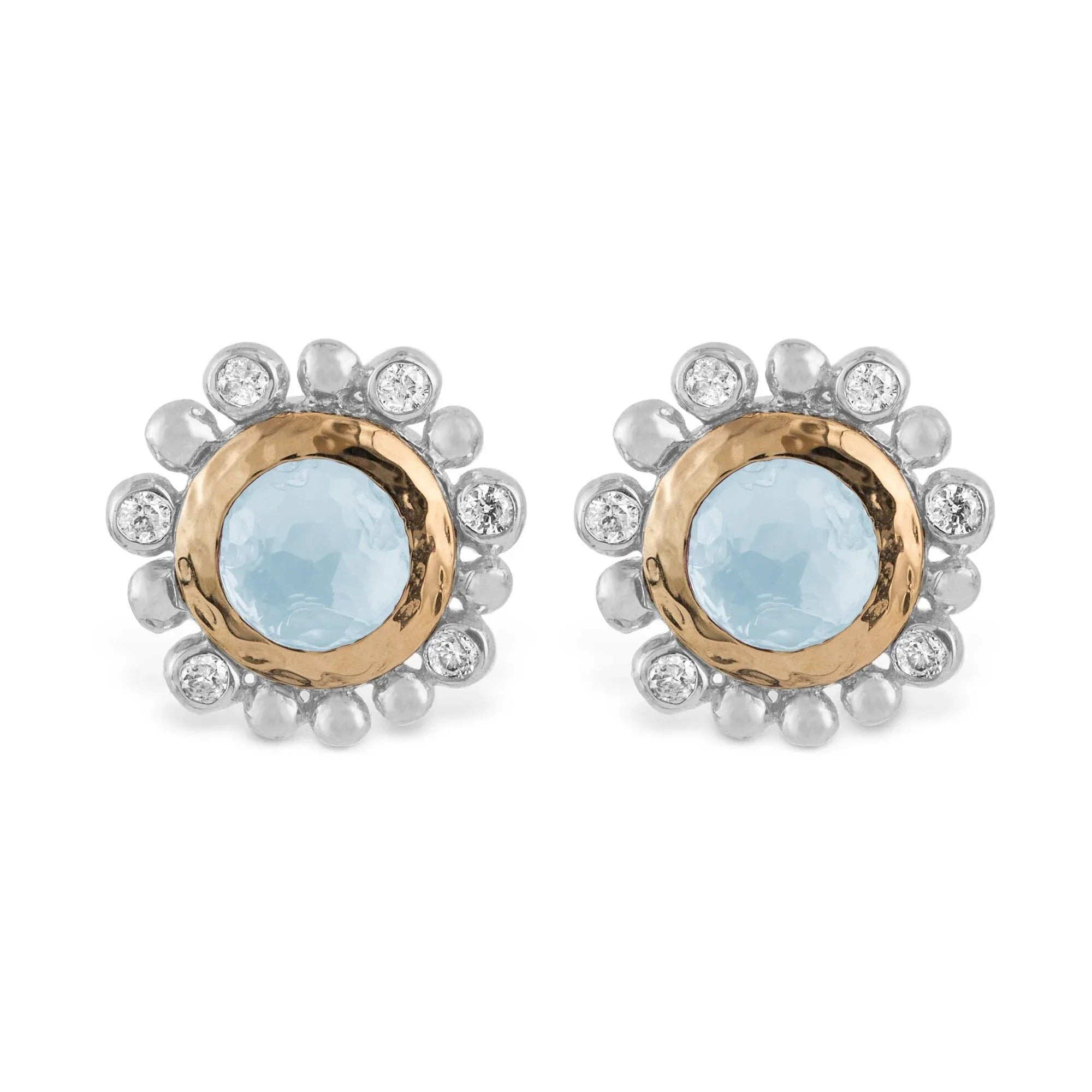 Michael Aram Molten 5mm Round Stud Earrings W/ Blue Topaz in 18K Yellow Gold & Sterling Silver