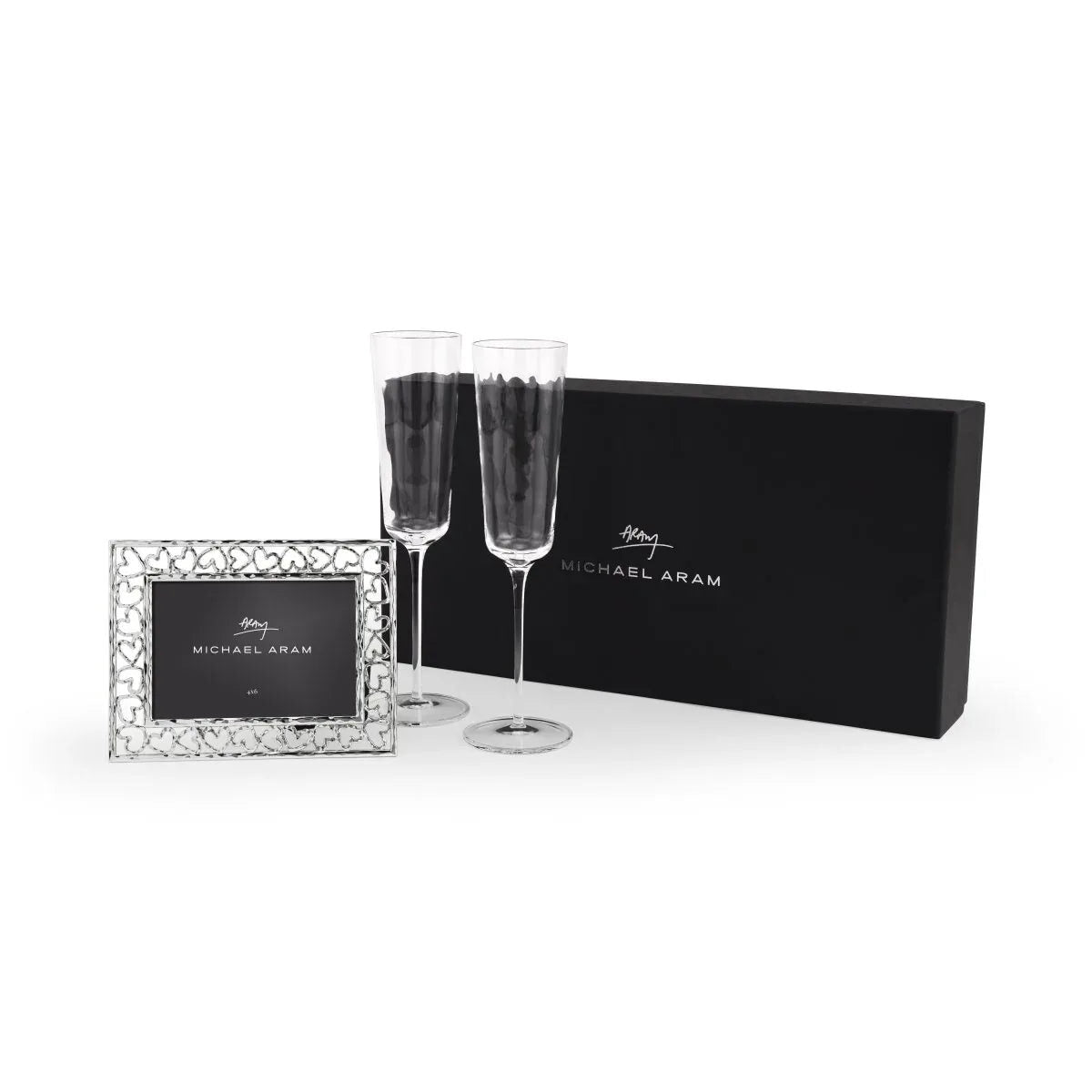 Michael Aram Reflective Champagne Flute & Heart Frame 4" X 6" Packaged Gift Set