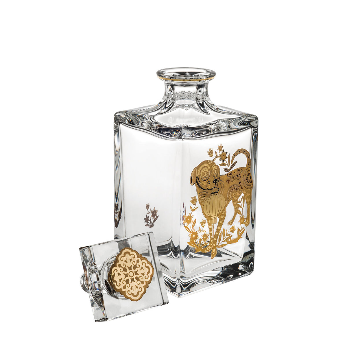 Vista Alegre Golden Whisky Decanter with Gold Dog on a white background