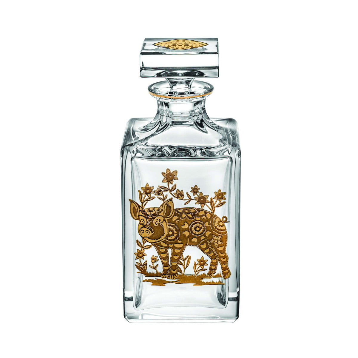 Vista Alegre Golden Whisky Decanter with Gold Pig on a white background