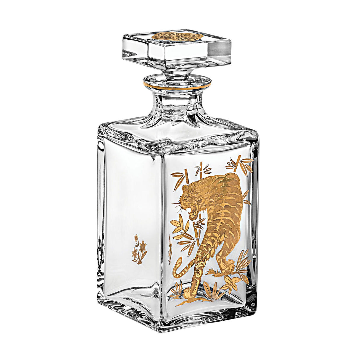 Vista Alegre Golden Whisky Decanter with Gold Tiger on a white background