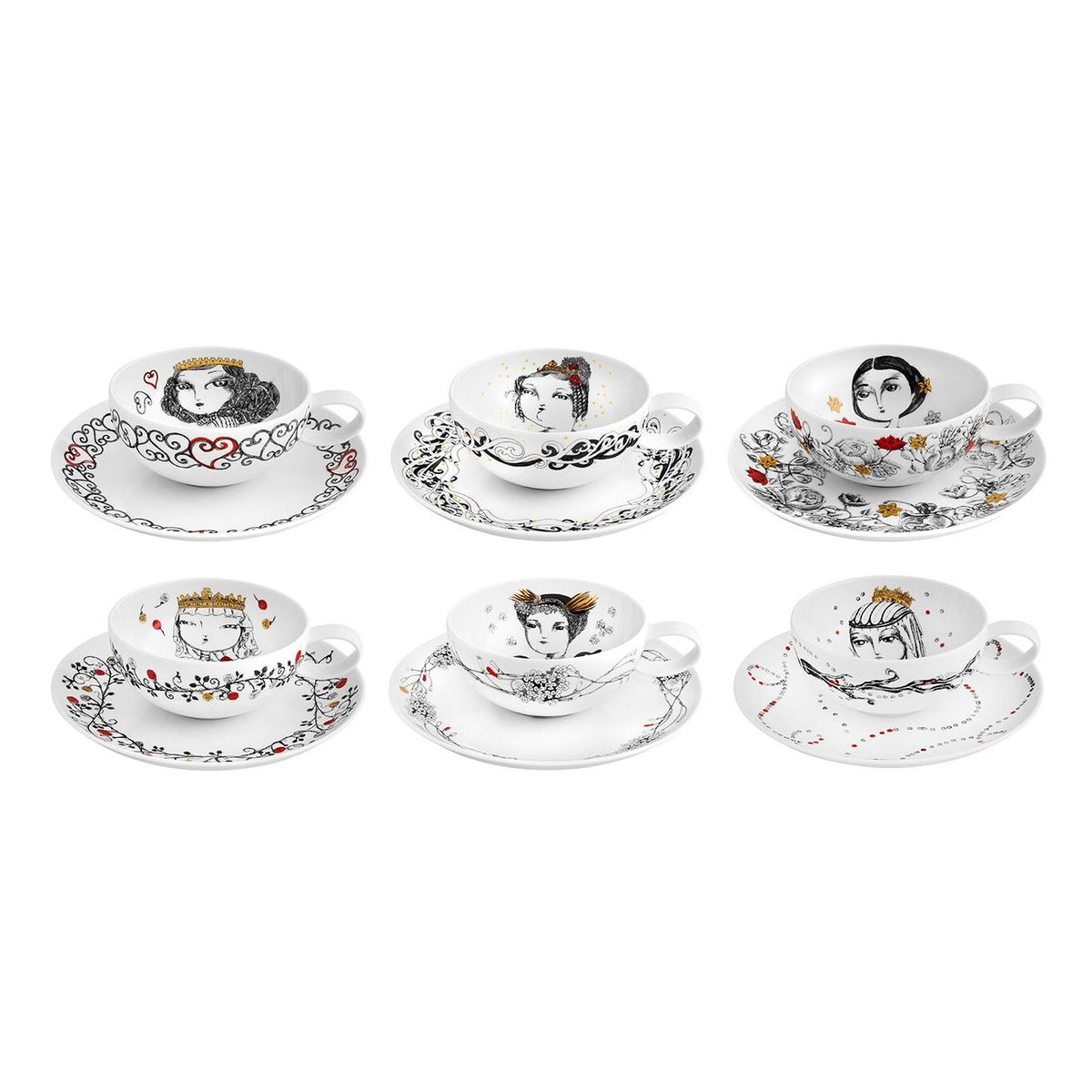 Vista Alegre Rainhas de Portugal Set of 6 Tea Cups with Saucers on a white background