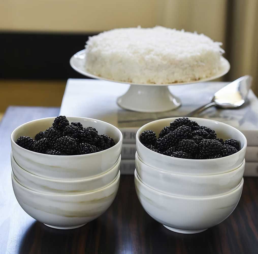wedgewood vera wang venato imperial bowls filled with blackberries