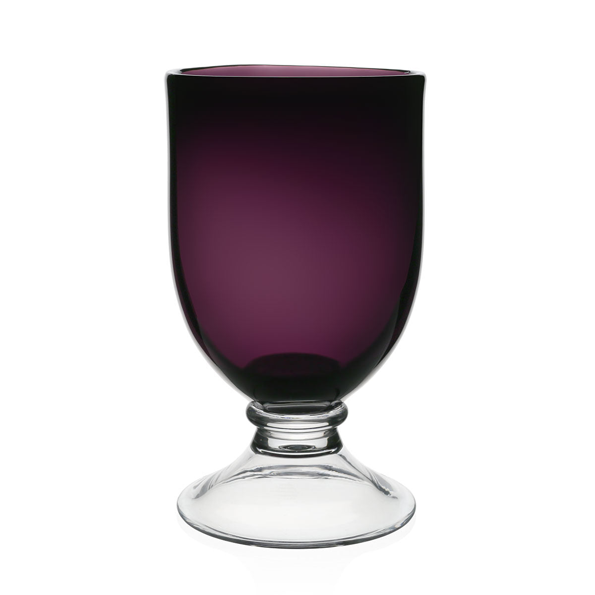 William Yeoward Amethyst Footed Hurricane 11" / 28cm in Amethyst, handmade crystal, on a white background