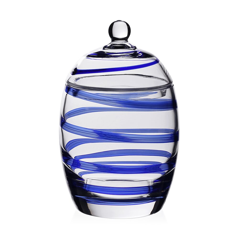 William Yeoward Bella Blue Candy Jar in Blue, handmade crystal, on a white background