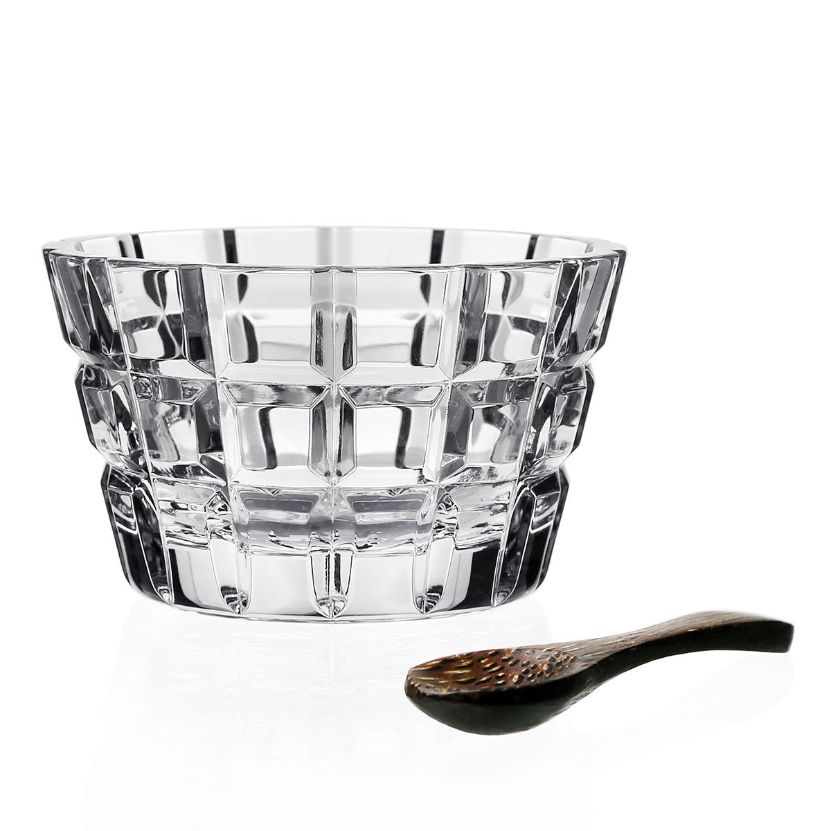 William Yeoward Blodwyn Salt Dish with Spoon, handmade crystal, on a white background