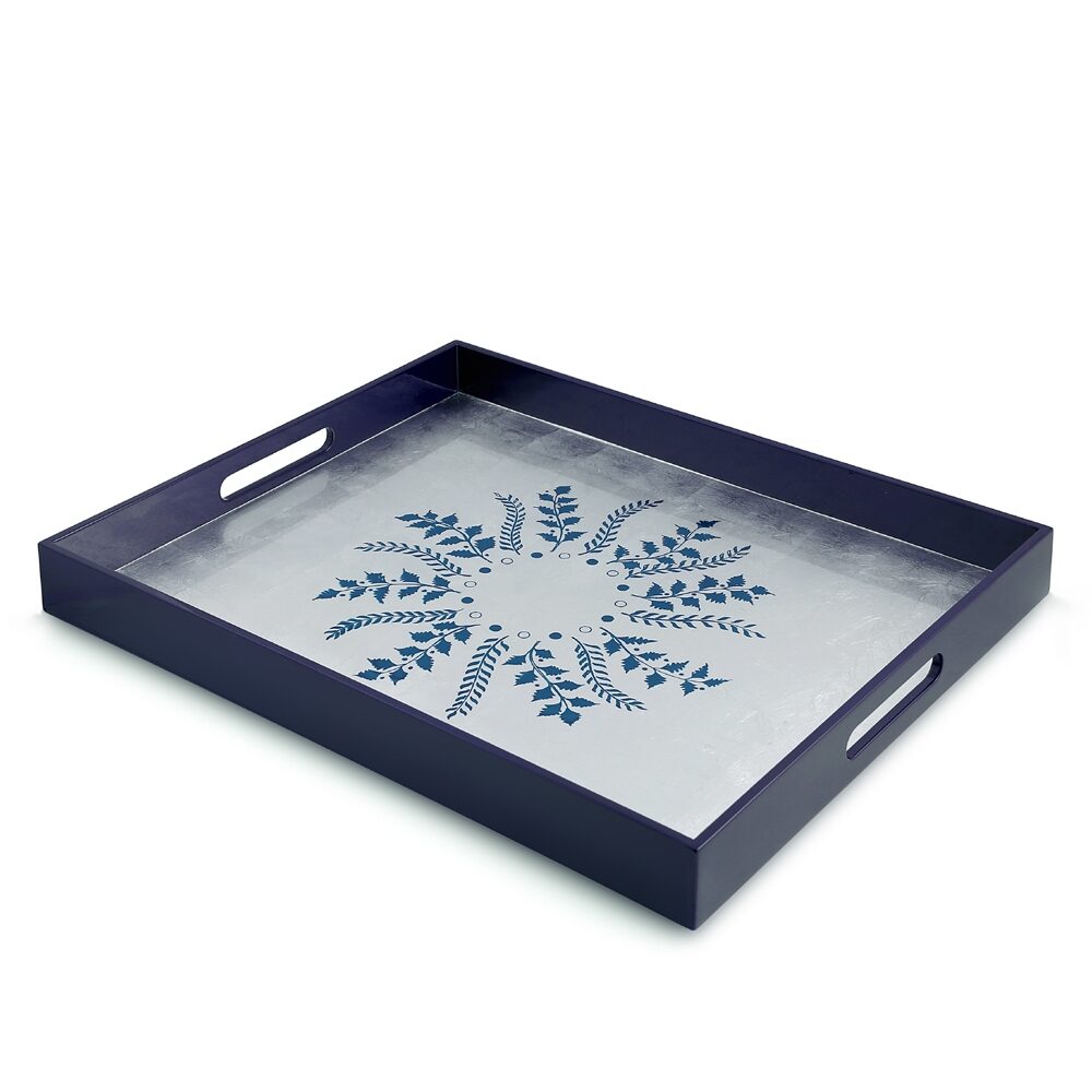 William Yeoward Blue/Silver Fern Rectangular Tray in Blue, handmade crystal, on a white background