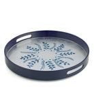 William Yeoward Blue/Silver Fern Round Tray in Blue, handmade crystal, on a white background