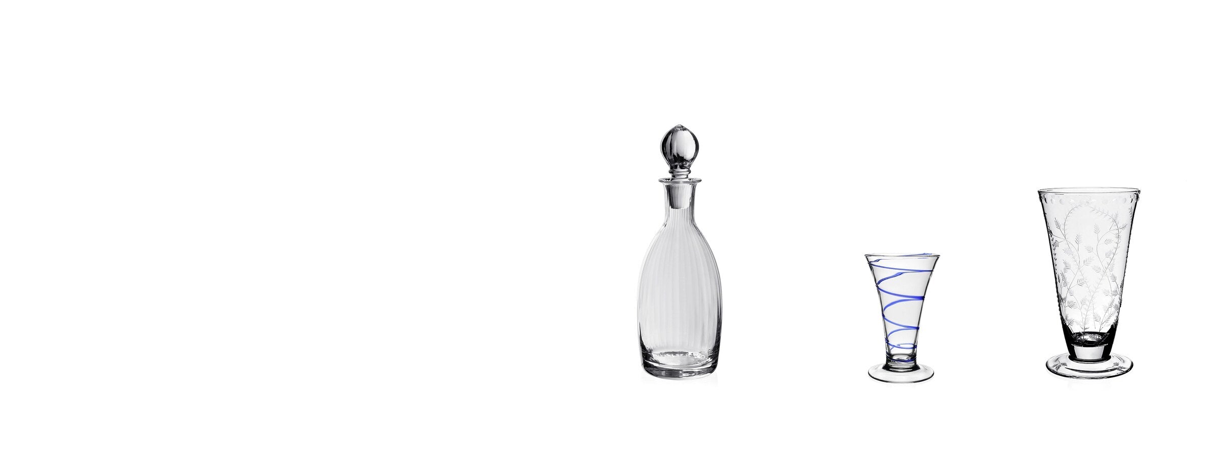 William Yeoward handmade crystal — Corinne decanter, Bella Blue and Fern vases