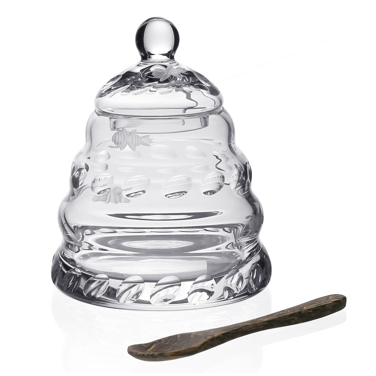 William Yeoward Buzzy Honey Jar with Spoon, handmade crystal, on a white background