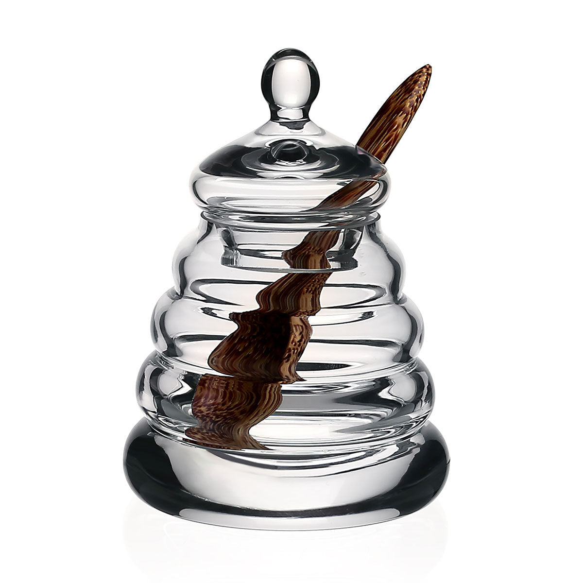 William Yeoward Classic Honey Jar with Spoon, handmade crystal, on a white background