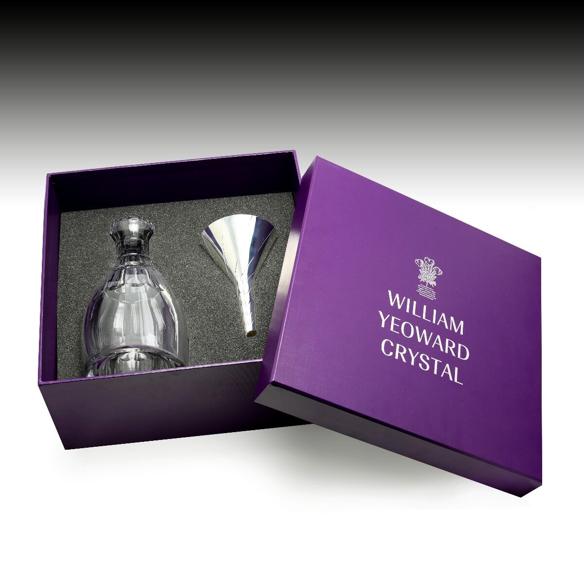 William Yeoward Ella Carafe & Funnel Boxed Set, handmade crystal, detail view