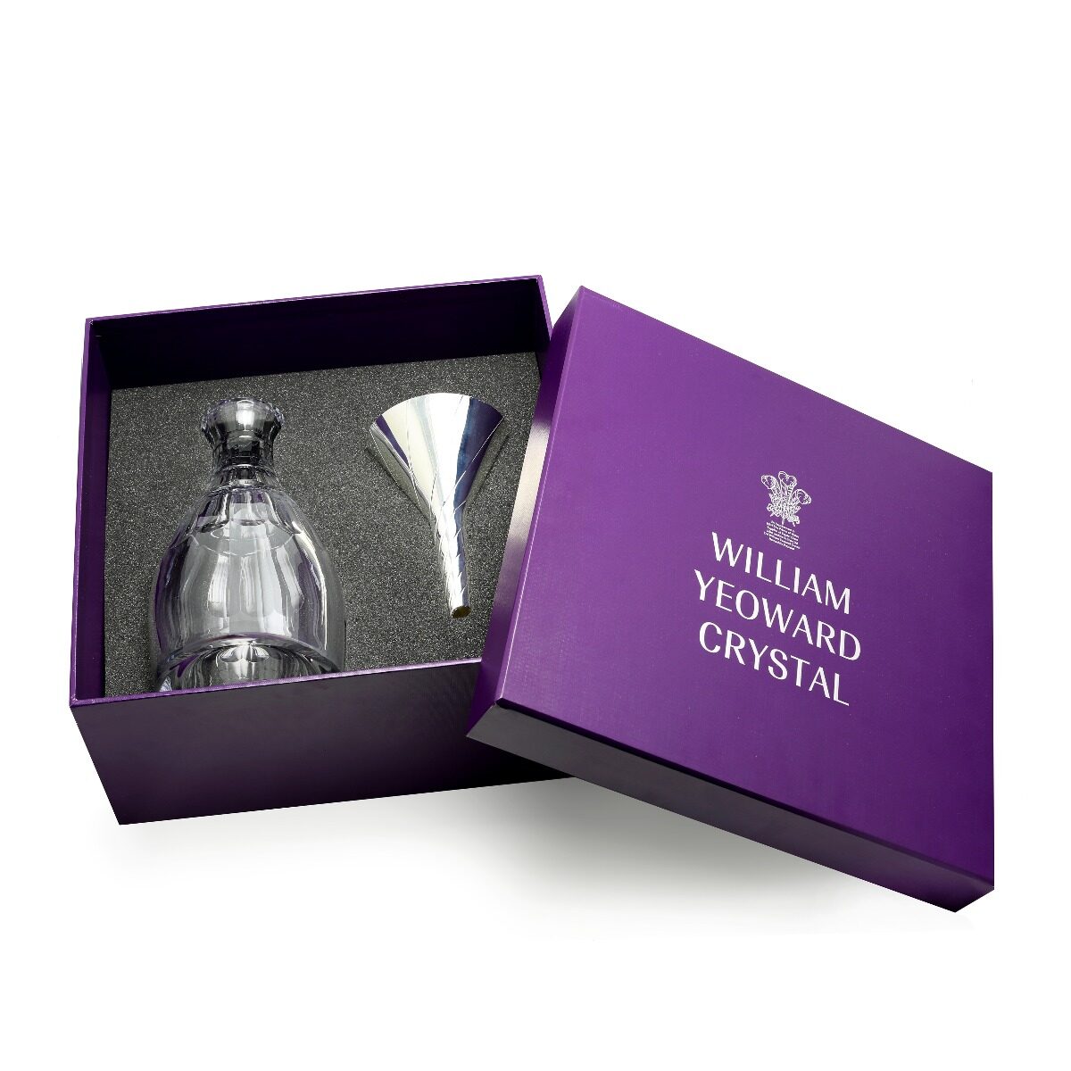 William Yeoward Ella Carafe & Funnel Boxed Set, handmade crystal, on a white background