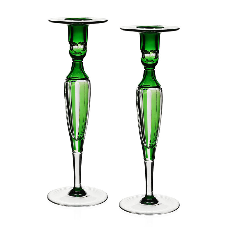 William Yeoward Emerald Pair of Candlesticks 12" / 30.5cm in Emerald, handmade crystal, on a white background