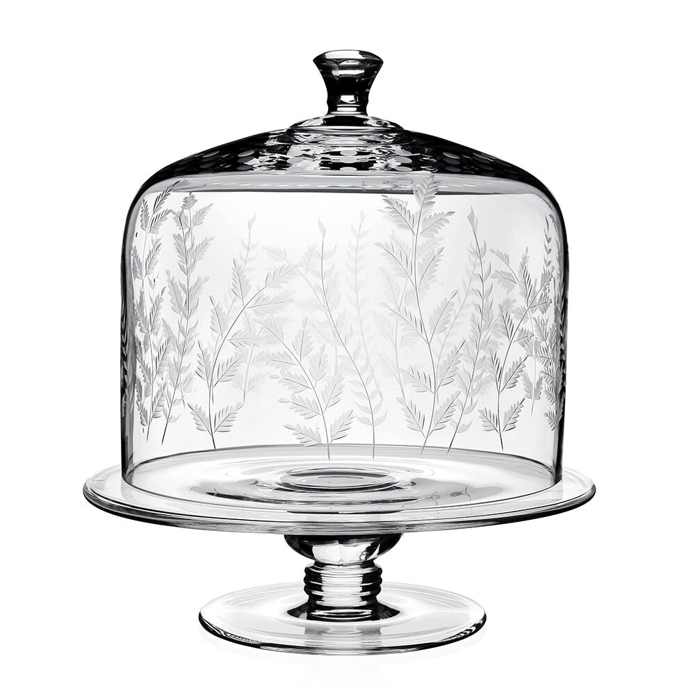 William Yeoward Fern Cake Stand and Dome 12¼" / 31cm, handmade crystal, on a white background