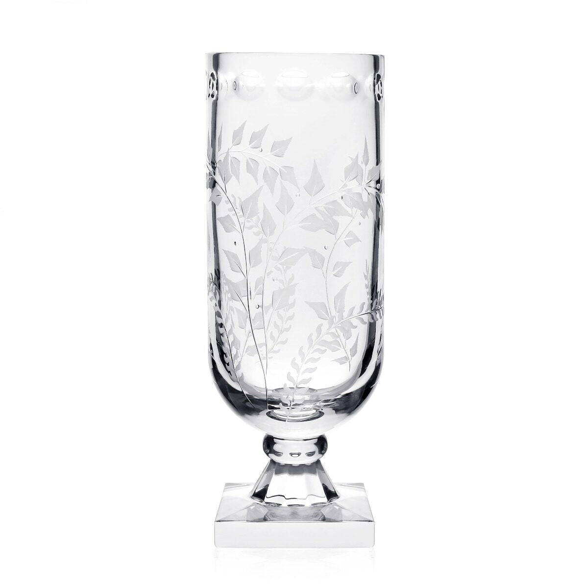 William Yeoward Fern Square Footed Hurricane 15" / 38cm, handmade crystal, on a white background