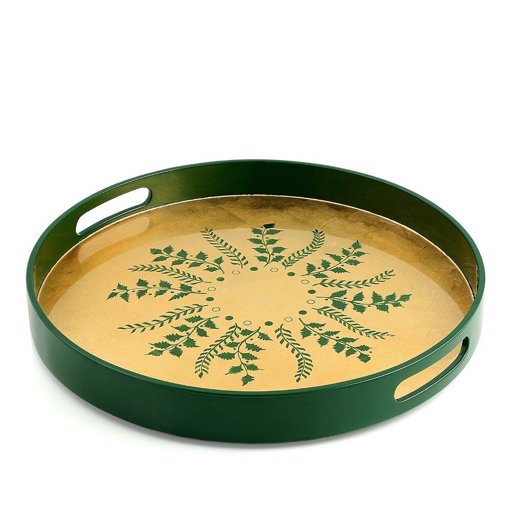 William Yeoward Green/Gold Fern Round Tray in Green, handmade crystal, on a white background