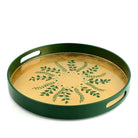 William Yeoward Green/Gold Fern Round Tray in Green, handmade crystal, on a white background